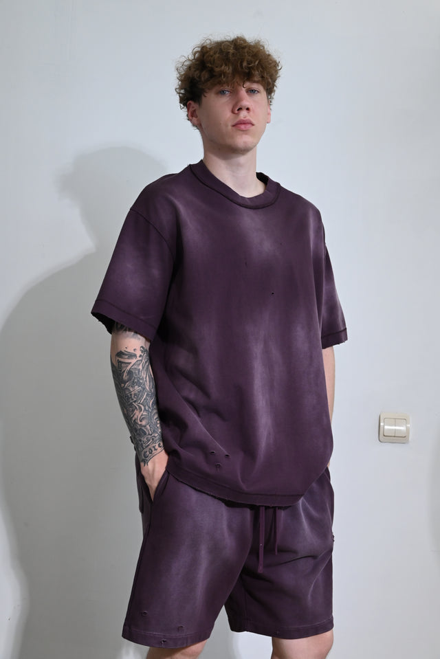 ZY premium 100% kokvilnas komplekts: krekls + šorti tumši violetā krāsā