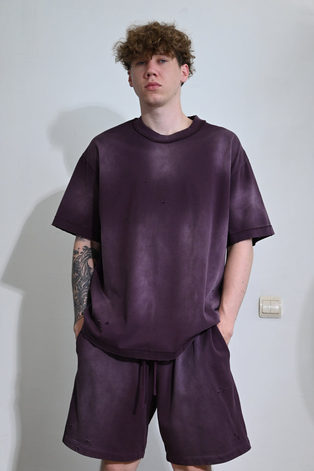ZY premium 100% kokvilnas komplekts: krekls + šorti tumši violetā krāsā